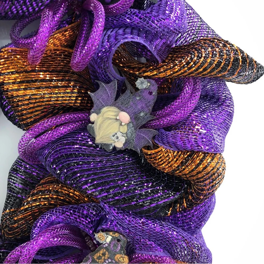 Gnome Halloween Wreath Deco Mesh Purple Tubing Bow Berries Whimsical Pumpkin Bat